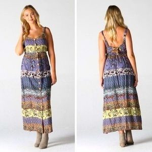 Blue multi print animal print maxi dress open back with back tie size m/l